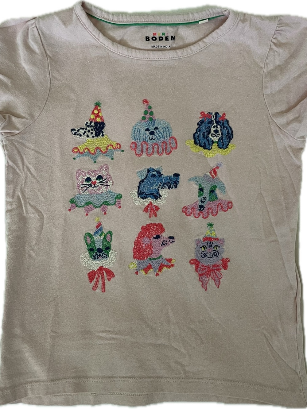 Mini Boden Light Pink Short-Sleeve Tee with Colorful Embroidered Party Animals